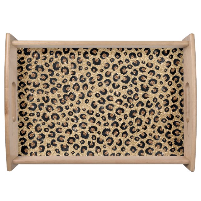 Elegant Gold Glitter Black Leopard Print Serving Tray (Front)