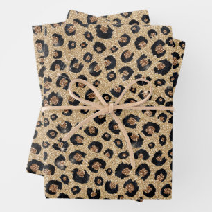 Elegant Gold Glitter Black Leopard Print Wrapping Paper Sheets