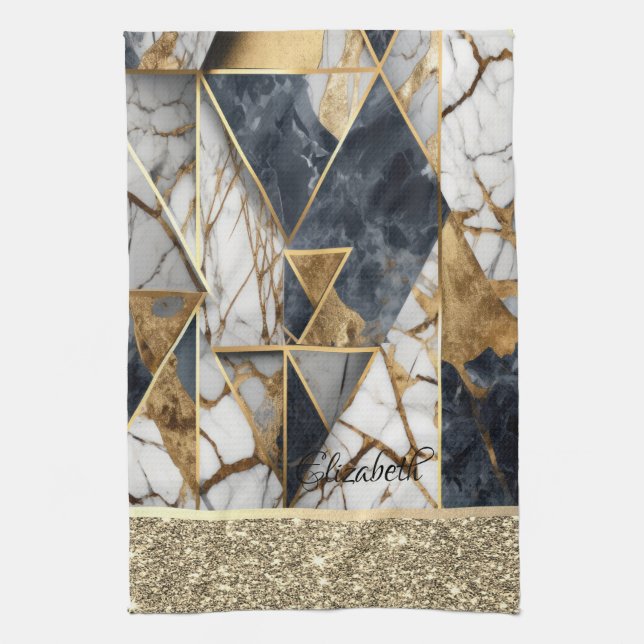 Elegant Gold Glitter  Black Marble Geometric Kitchen Towel (Vertical)