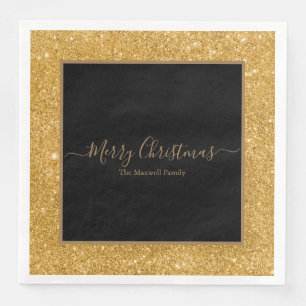 Elegant gold glitter black Merry Christmas name Paper Dinner Napkins