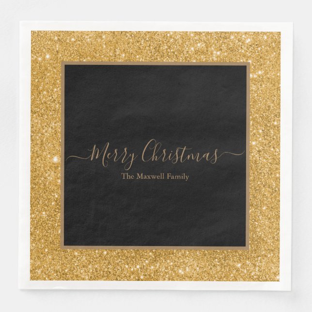 Elegant gold glitter black Merry Christmas name Paper Dinner Napkins (Front)