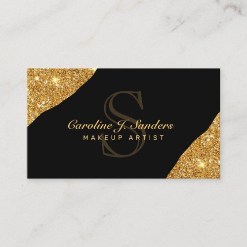 Elegant gold glitter black monogram makeup artist business card