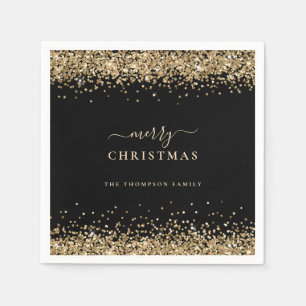 Elegant Gold Glitter Black Name Merry Christmas Napkins
