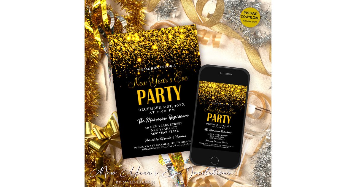 Elegant Gold Glitter & Black New Year's Eve Party Invitation | Zazzle