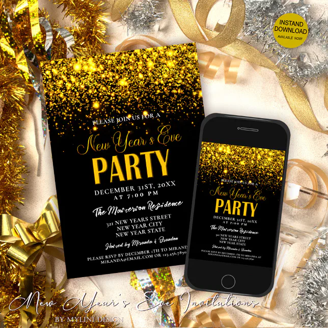 Elegant Gold Glitter & Black New Year's Eve Party Invitation | Zazzle