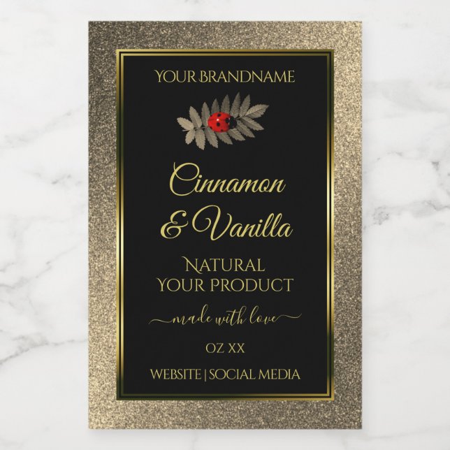 Elegant Gold Glitter Black Product Labels Ladybug (Single Label)