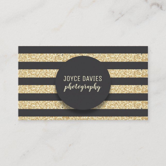Elegant Gold Glitter Black Stripes Business Card (Front)