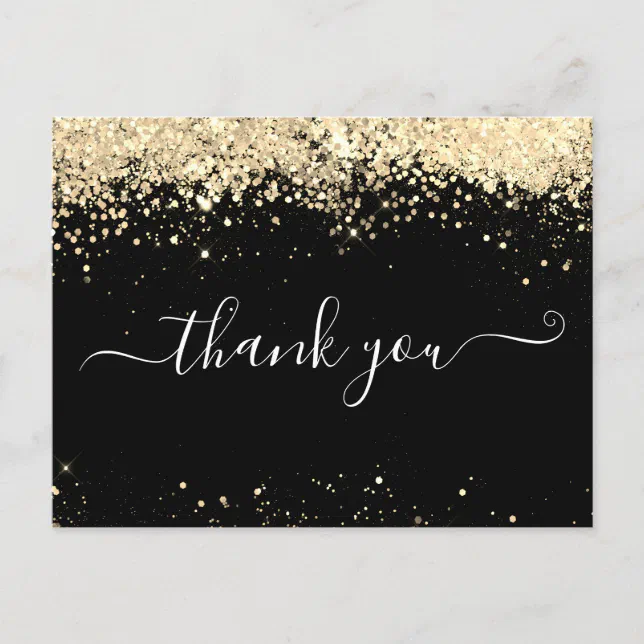 Elegant Gold Glitter Black Thank You Card | Zazzle