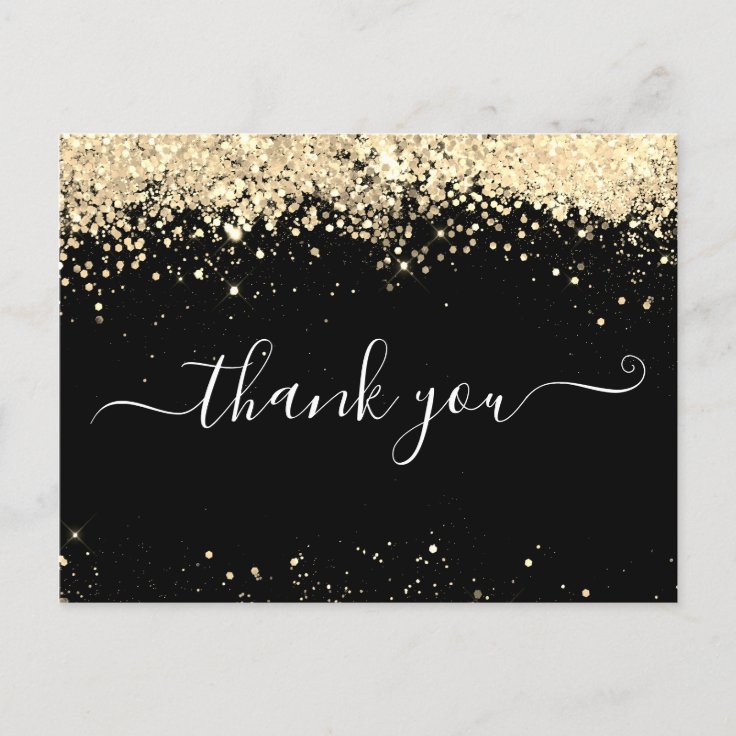Elegant Gold Glitter Black Thank You Card | Zazzle