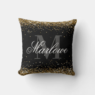 Elegant Gold Glitter Black White Monogram Throw Pillow