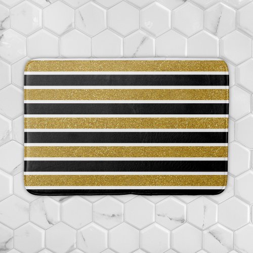 Elegant Gold Glitter Black White Stripes Bath Mat