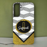 Elegant Gold Glitter Black White Zigazg Pattern Samsung Galaxy S22  Case<br><div class="desc">This black and white zig zag design sets off the top of the case featuring a gold glitter calligraphy circle with name and initial letter monogram template text over a faux gold glitter bottom. Fill in the template fields or edit using the design tool to select a typeface style, size,...</div>