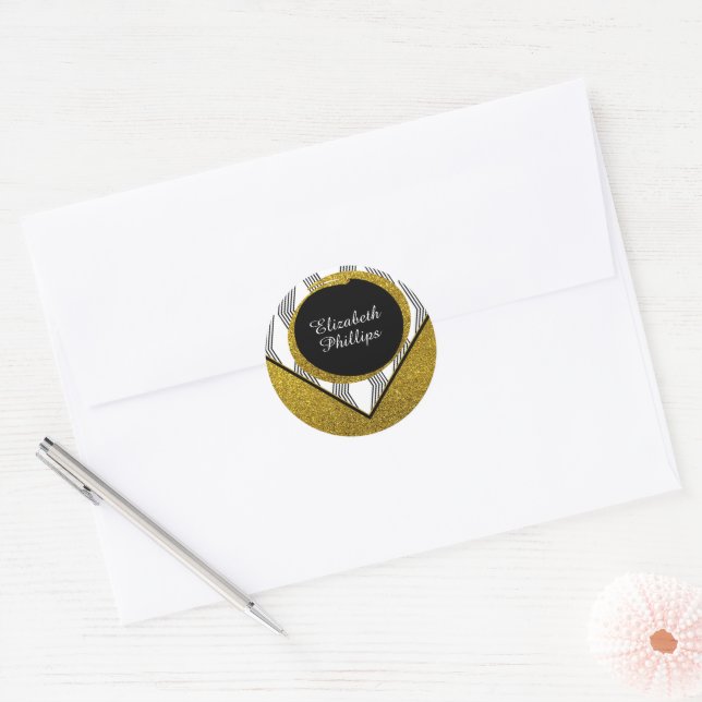 Elegant Gold Glitter BlackWhite Zigzag Pattern Classic Round Sticker (Envelope)
