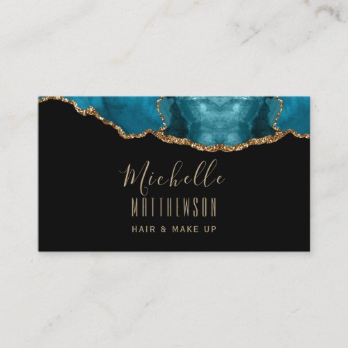 Elegant Gold Glitter Blue Agate Marble QR Code Business Card