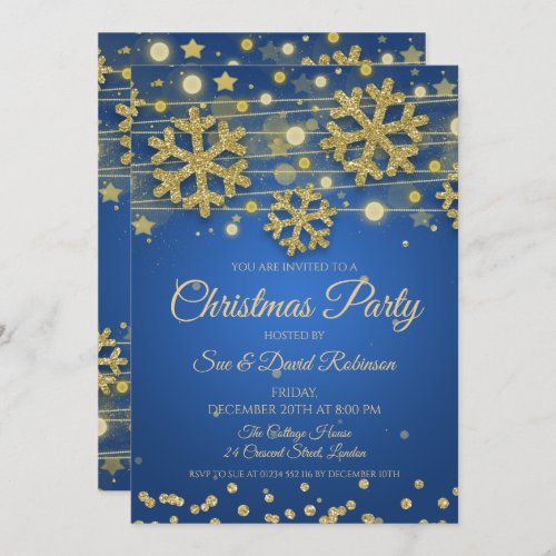 Elegant Gold Glitter Blue Christmas Holiday Party Invitation