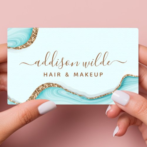 Elegant Gold Glitter Blue Marble Agate Modern Chic Business Card