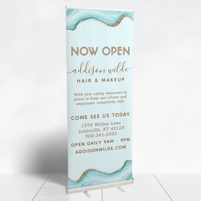 Elegant Gold Glitter Blue Marble Agate Modern Chic Retractable Banner (Creator Uploaded)