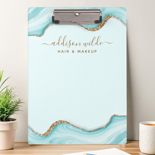 Elegant Gold Glitter Blue Marble Agate Modern Clipboard