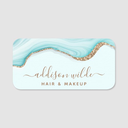 Elegant Gold Glitter Blue Marble Agate Modern Name Tag