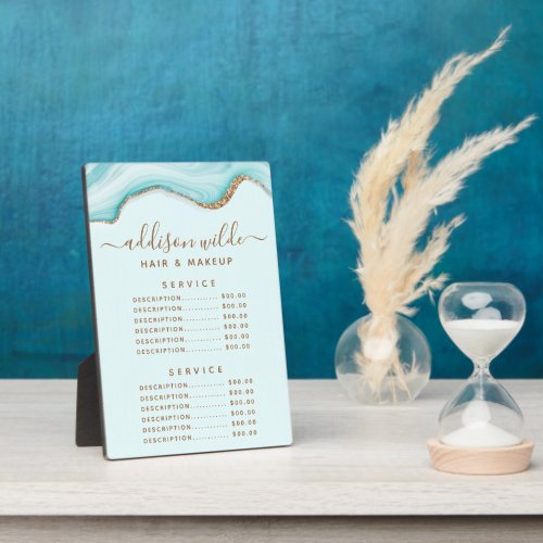 Elegant Gold Glitter Blue Marble Agate Price Menu Plaque