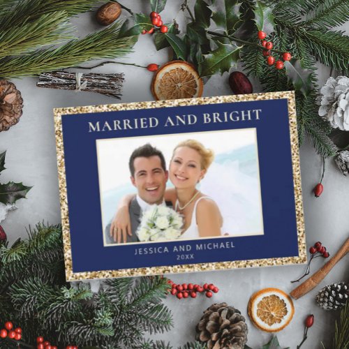 Elegant Gold Glitter Blue Married Bright Christmas Holiday Card