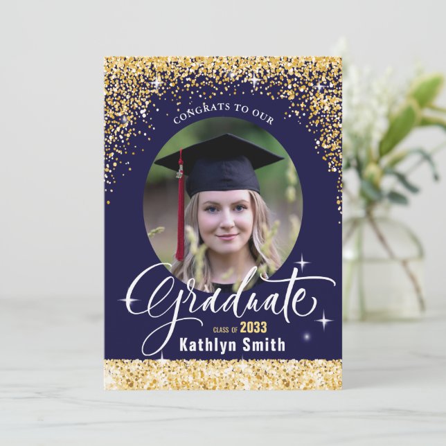 Elegant Gold Glitter Blue Photo Graduation Party Invitation (Standing Front)