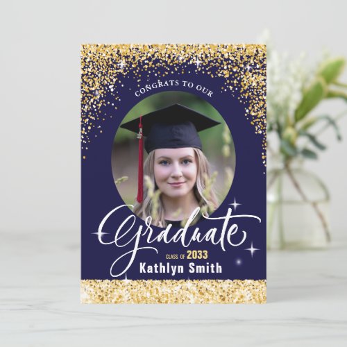 Elegant Gold Glitter Blue Photo Graduation Party Invitation