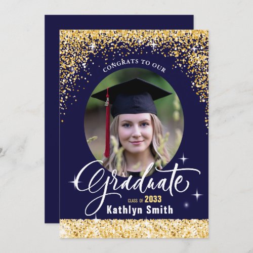 Elegant Gold Glitter Blue Script Photo Graduation Invitation