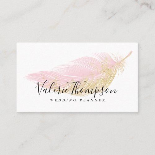 Elegant gold glitter blush pink feather modern business card