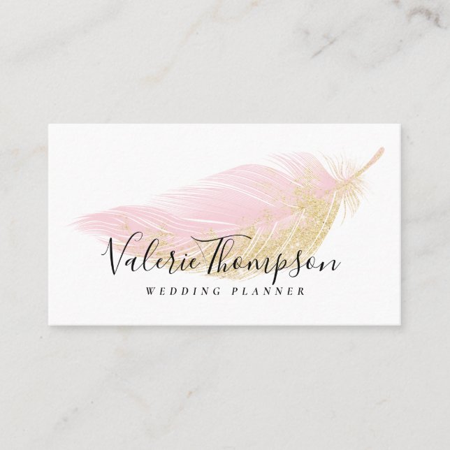 Elegant gold glitter blush pink feather modern business card (Front)