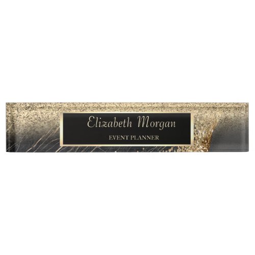 Elegant Gold Glitter Bokeh Black Marble Frame Desk Name Plate