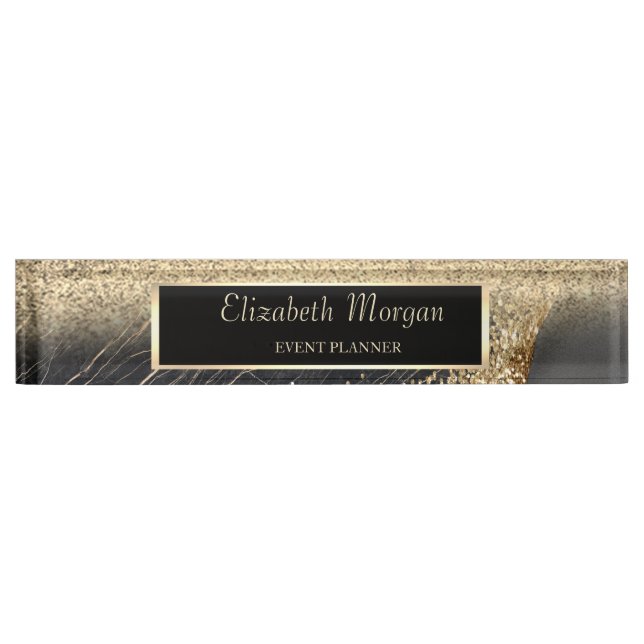 Elegant Gold Glitter Bokeh Black Marble, Frame Desk Name Plate (Front)