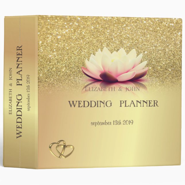 Elegant Gold Glitter Bokeh Hearts Lotus Wedding 3 Ring Binder (Front/Spine)
