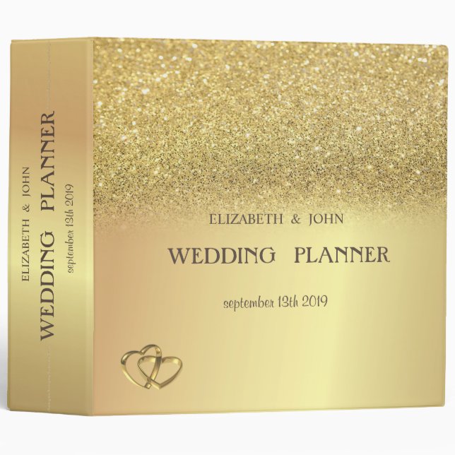 Elegant Gold Glitter Bokeh Hearts Wedding 3 Ring Binder (Front/Spine)