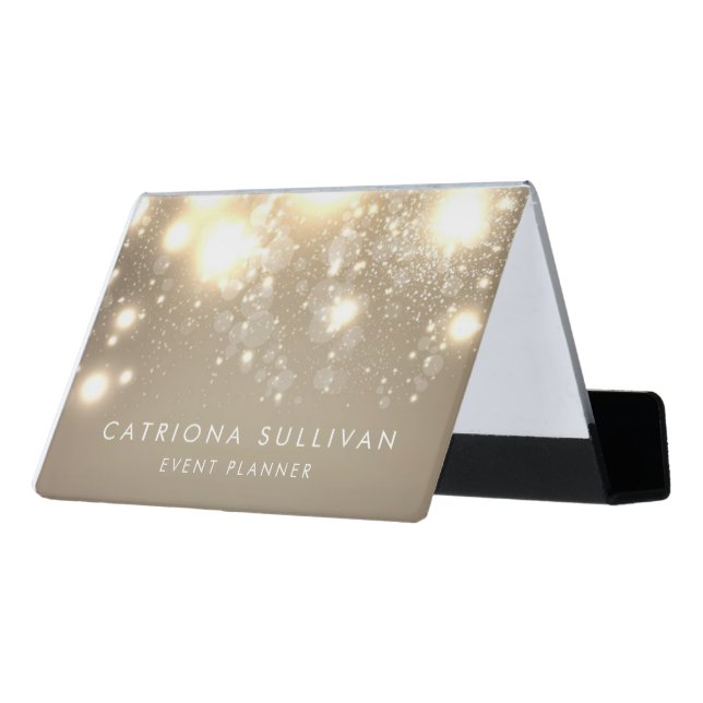 Elegant Gold Glitter Bokeh Luxe Desk Business Card Holder (Angled Back)