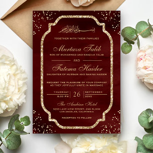 Elegant Gold Glitter Border Maroon Muslim Wedding Invitation