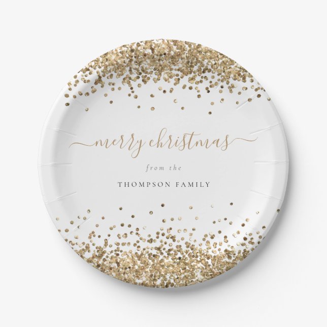 Elegant Gold Glitter Borders Name Merry Christmas Paper Plates (Front)