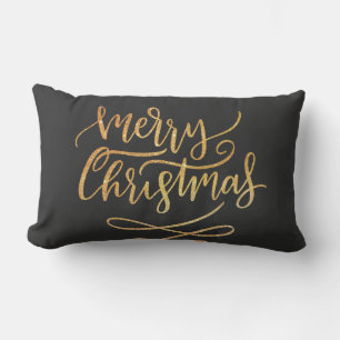 Elegant Gold Glitter Brush Script Merry Christmas Lumbar Pillow