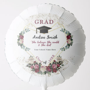 Elegant Gold Glitter Burgundy Red Floral Grad Chic Balloon