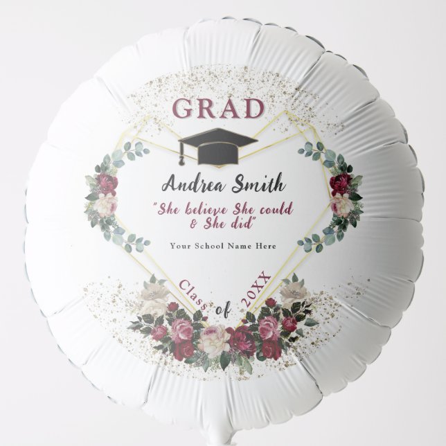 Elegant Gold Glitter Burgundy Red Floral Grad Chic Balloon (Front)