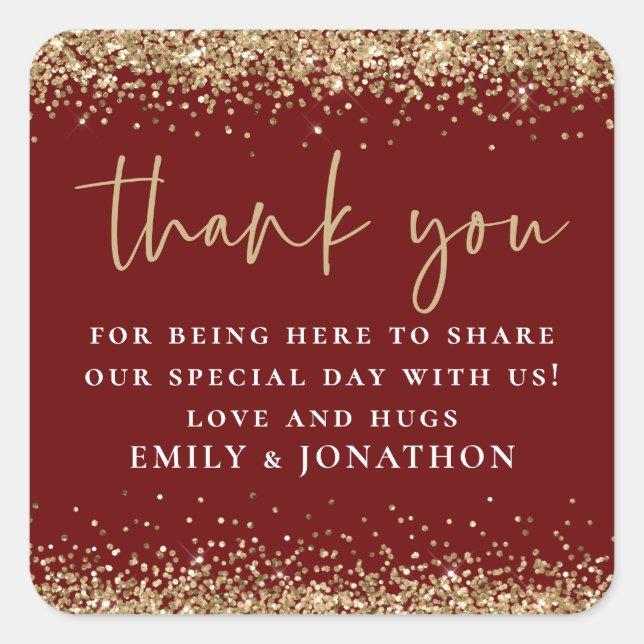 Elegant Gold Glitter Burgundy Thank You Message Square Sticker (Front)