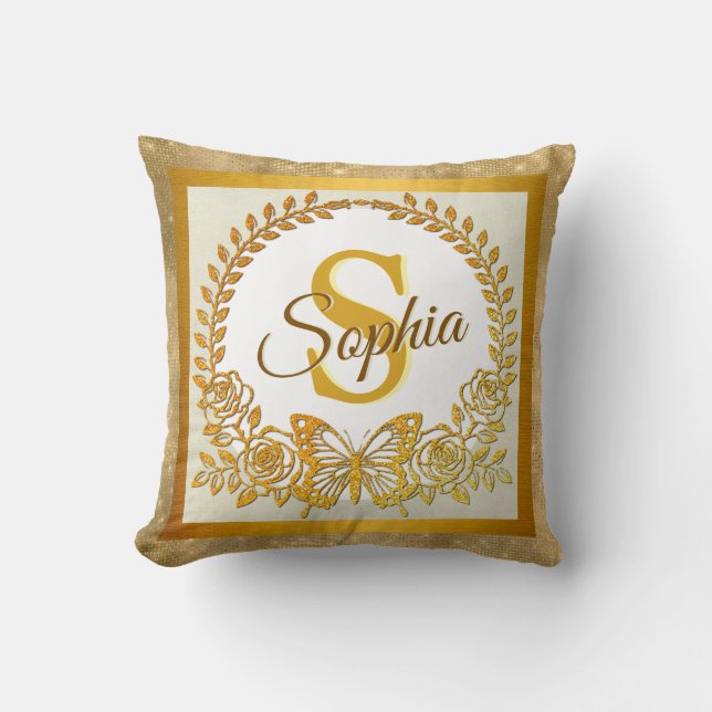 Elegant Gold Glitter Butterfly and Flower Throw Pillow (Front)