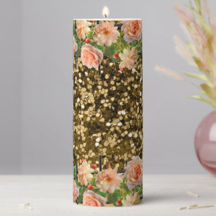 Elegant Gold Glitter Champagne Garden Wedding Pillar Candle