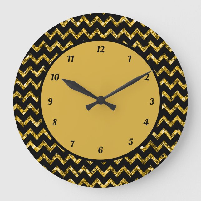 Elegant Gold Glitter Chevron Pattern Glam Sparkle Large Clock (Front)