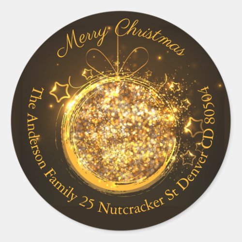 Elegant gold glitter Christmas bulb address  Classic Round Sticker