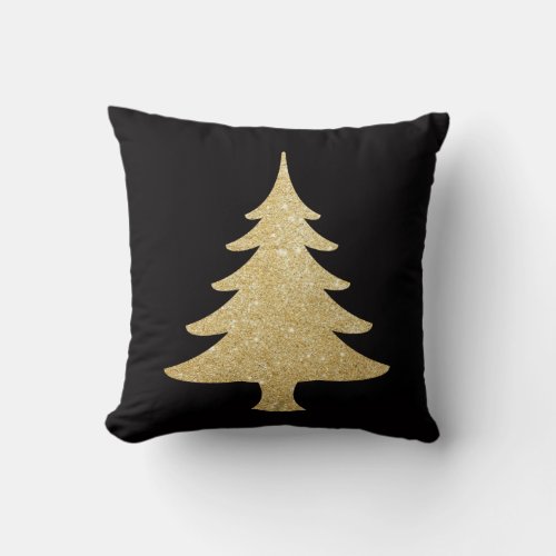 Elegant gold glitter Christmas Tree black red Throw Pillow
