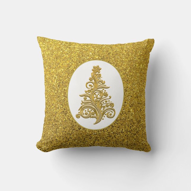 Elegant Gold Glitter Christmas Tree Decorative Throw Pillow (Front)