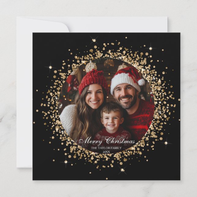 Elegant Gold Glitter Christmas Tree Family Photo (Front)