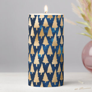 Elegant Gold Glitter Christmas Tree Navy Blue Pillar Candle