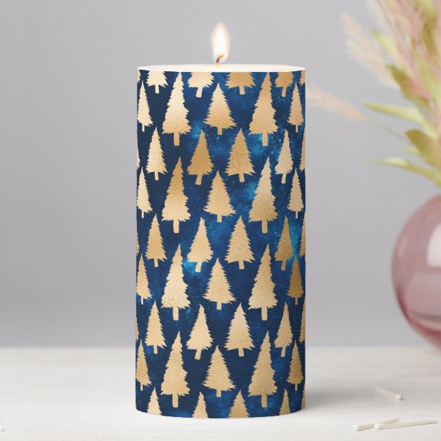 Elegant Gold Glitter Christmas Tree Navy Blue Pillar Candle (In Situ)